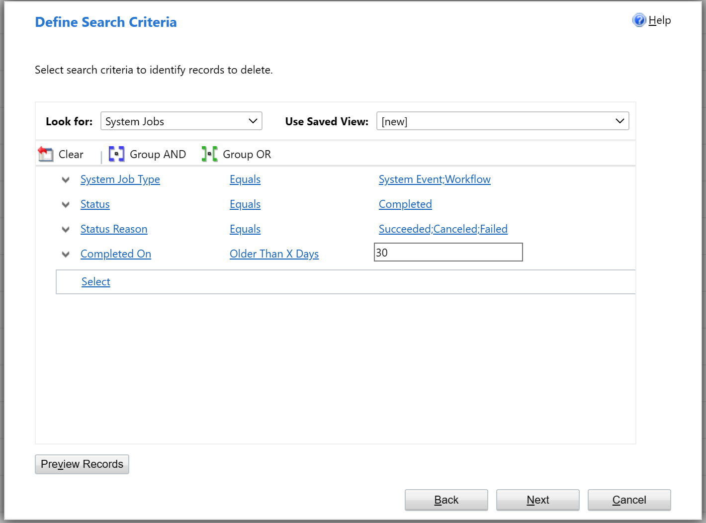 Image shows the define search criteria dialog