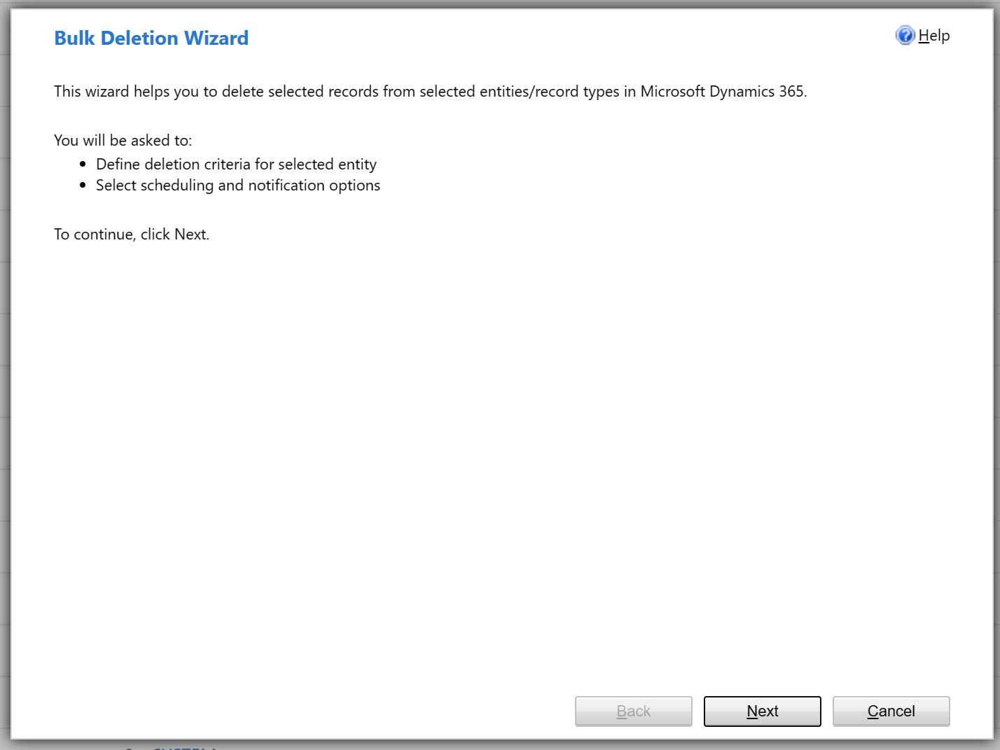 Image shows bulk deletion wizard dialog