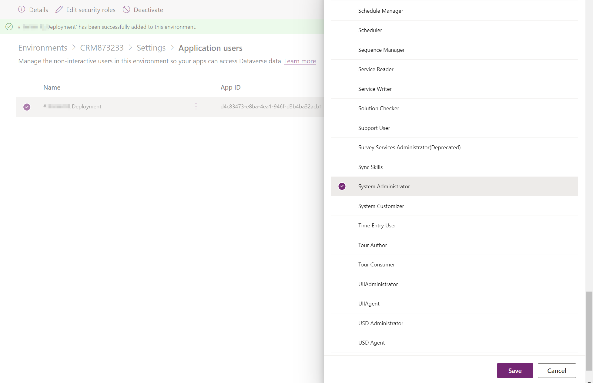 Image shows the add system administrator role to the Altus Deployment user