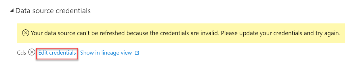 Image shows the edit credentials link