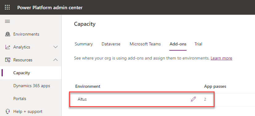 The Power Platform Resource Capacity screen