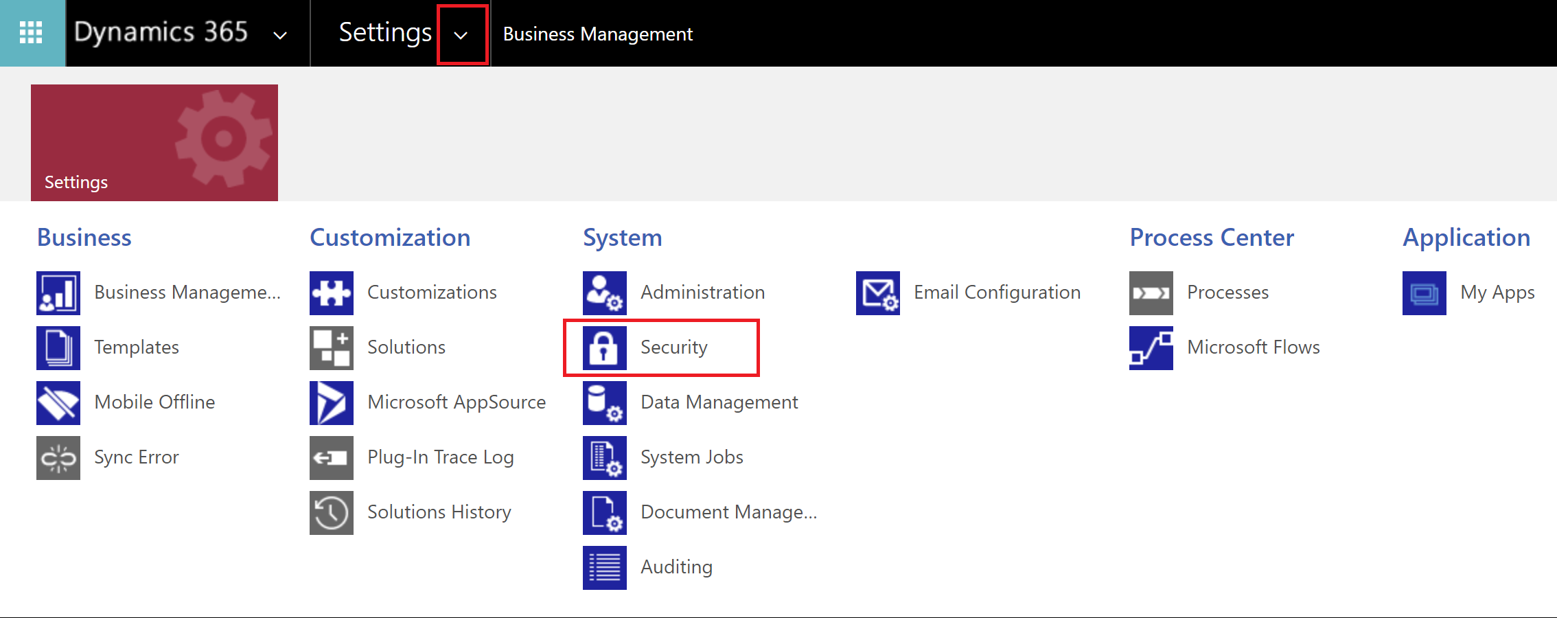 Image shows the settings and security location