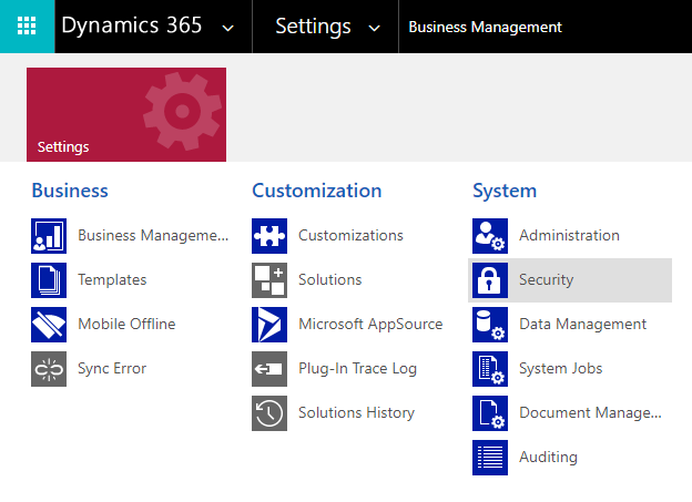 Image shows the Dynamics security settings location