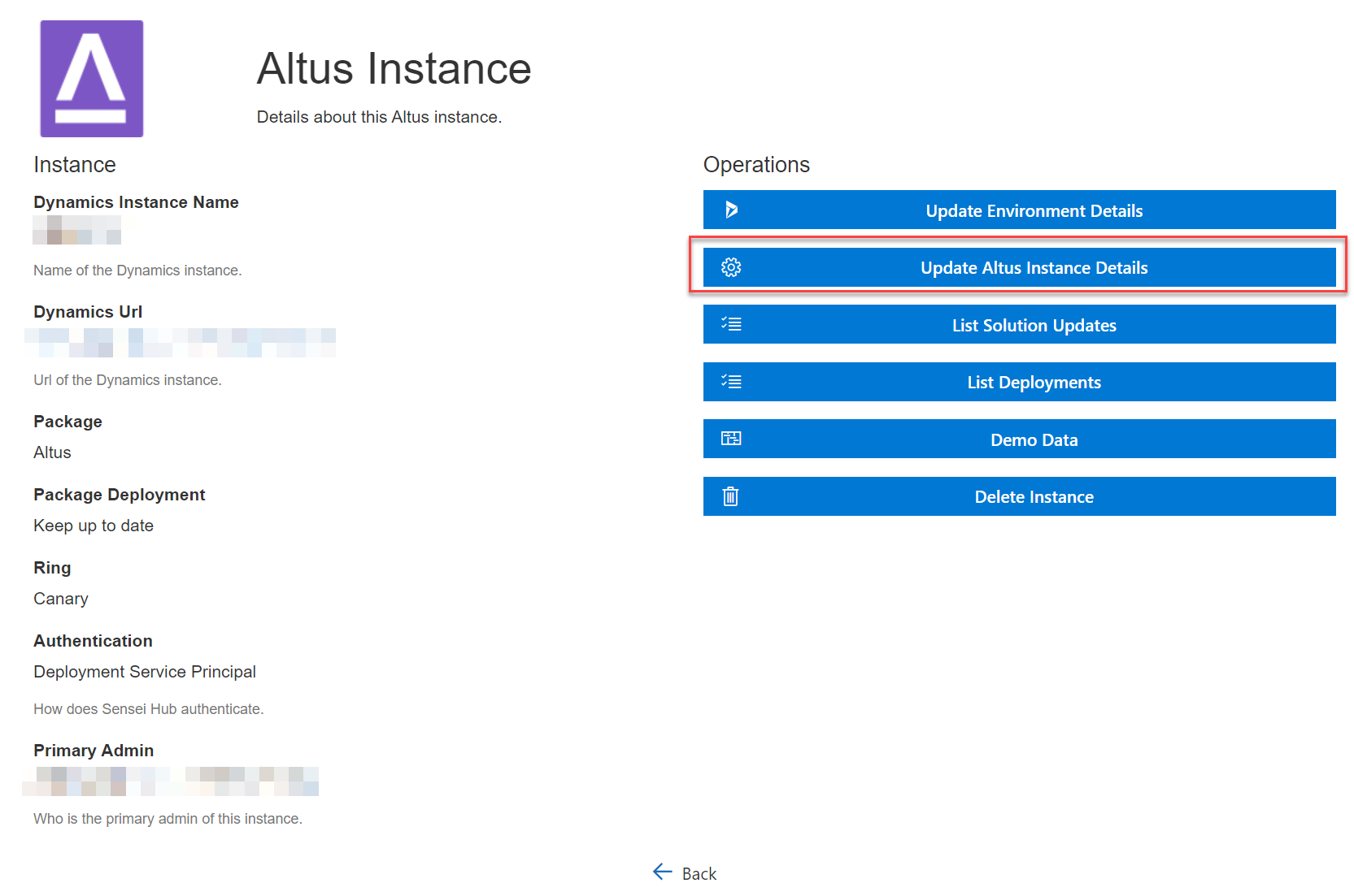 Image shows the update Altus instance details button