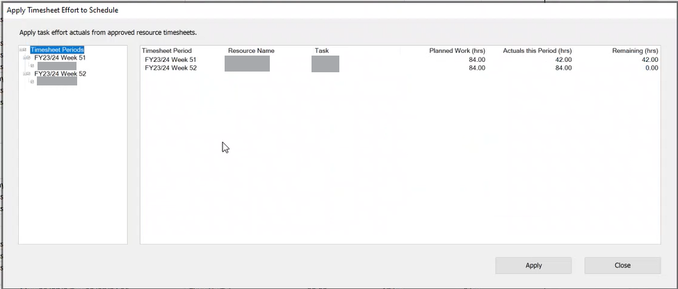 This screen displays the Apply Time sheet Effort to Schedule window