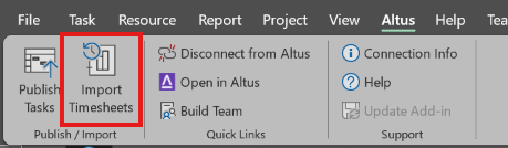 This screen highlights the Import Time sheets button on the Altus toolbar