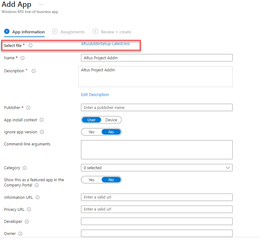 This screen displays the Add App detail page in Intune