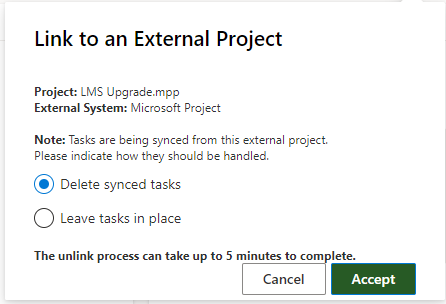 This screen displays the full Link to an External Project pane