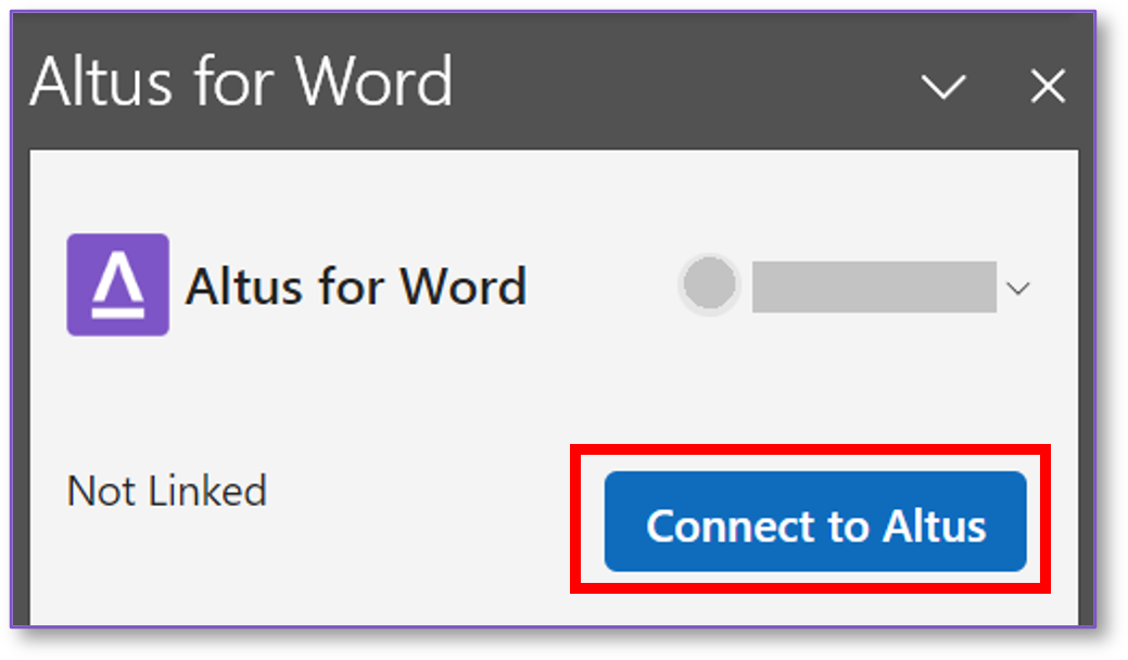 The Altus for Word pane with the Connect to Altus button highlighted.