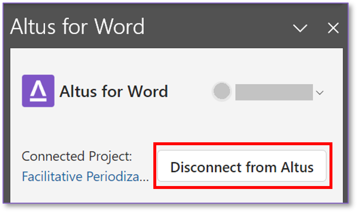 This shows the Altus for Word pane with the Disconnect from Altus button highlighted.