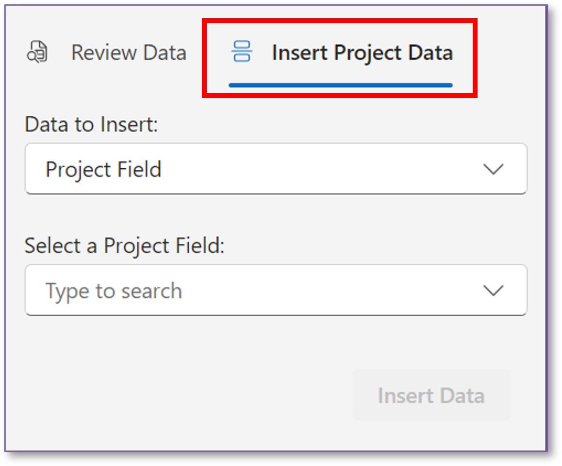 The Altus for Word pane with the Insert Project Data section highlighted.