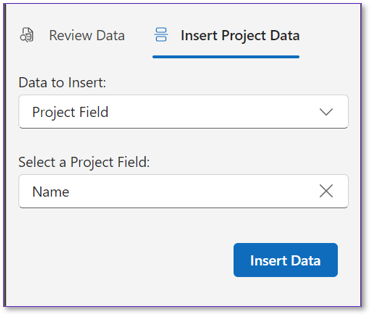 The Altus for Word pane showing the Insert Project Data section.