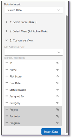 The Altus for Word pane showing the Insert Related Data section.