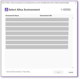 The Select Altus Environment window.